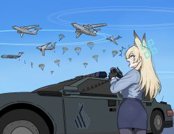 Rule 34 | 1girl, ^^^, aircraft, airplane, animal ear fluff, animal ears, black gloves, black pantyhose, blonde hair, blue archive, blue eyes, blue halo, blue necktie, blue shirt, blue skirt, blue sky, breasts, car, cargo aircraft, cocktiel77, collared shirt, commentary, contrail, day, dog ears, dog girl, english commentary, extra ears, from side, gloves, halo, holding, holding walkie-talkie, ilyushin il-76, kanna (blue archive), large breasts, long hair, long sleeves, motor vehicle, necktie, notice lines, outdoors, pantyhose, parachute, paratrooper, parted bangs, pencil skirt, police, police car, police uniform, policewoman, red dawn, sharp teeth, shirt, shirt tucked in, sidelocks, skirt, sky, standing, straight hair, sweatdrop, teeth, walkie-talkie