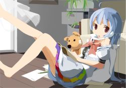 1girl absurdres ahoge bad_id bad_pixiv_id barefoot blue_hair bow contemporary corded_phone cradling_phone female_focus highres hinanawi_tenshi indoors legs long_hair no_headwear off_shoulder paper pencil phone red_eyes sitting solo stuffed_animal stuffed_toy sunyukun talking_on_phone teddy_bear touhou very_long_hair