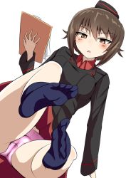 Rule 34 | 10s, 1girl, blush, brown eyes, brown hair, feet, female focus, girls und panzer, hat, kuromorimine military uniform, nishizumi maho, panties, pink panties, short hair, sitting, socks, solo, underwear, upskirt, yottan
