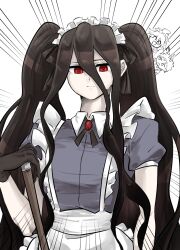 3boys ahoge apron black_gloves black_shirt brown_hair closed_mouth collared_dress danganronpa_(series) danganronpa_2:_goodbye_despair dress frilled_apron frills gloves gumame1313 hair_between_eyes highres hinata_hajime holding kamukura_izuru komaeda_nagito long_hair maid_headdress multiple_boys puffy_short_sleeves puffy_sleeves red_eyes shirt short_sleeves twintails waist_apron white_apron white_background
