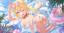 1girl adjusting_eyewear all_fours arm_up ass bare_shoulders bikini black_choker blonde_hair breasts choker cleavage commentary_request day dutch_angle equal_(heartstrings) eyewear_on_head frilled_thigh_strap hair_ribbon hand_on_eyewear heart heart-shaped_eyewear highres hoshikawa_sara long_hair looking_at_viewer medium_breasts nijisanji one_eye_closed open_mouth outdoors ribbon sandals side-tie_bikini_bottom side_ponytail smile solo string_bikini sunglasses swimsuit thigh_strap thighs virtual_youtuber white_bikini yellow_eyes