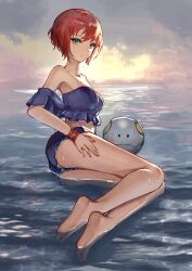 1girl absurdres amate_yuzuriha barefoot beach blue_eyes feet gundam gundam_gquuuuuux hand_on_own_thigh highres light_blush looking_at_viewer multicolored_eyes red_hair sglh short_hair soles toes two-tone_eyes