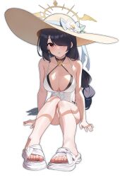 1girl absurdres bare_arms bare_shoulders blue_archive blue_bow blush bow breasts cleavage cross cross_earrings earrings flower hair_over_one_eye hat hat_bow hat_flower highres hinata_(blue_archive) hinata_(swimsuit)_(blue_archive) jewelry liago long_hair looking_at_viewer multi-tied_hair official_alternate_costume official_alternate_hairstyle one-piece_swimsuit parted_lips red_eyes sandals sidelocks solo sun_hat swimsuit toes white_flower white_one-piece_swimsuit white_sandals yellow_hat