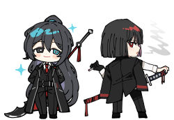 1boy 1girl arms_behind_back belt belt_buckle black_belt black_coat black_eyes black_hair black_pants black_shoes black_vest bob_cut buckle chibi cigarette closed_mouth coat coat_on_shoulders facing_away full_body heterochromia hong_lu_(project_moon) limbus_company long_sleeves looking_at_viewer looking_back necktie ootachi open_mouth pants pinch_(nesume) project_moon red_eyes red_necktie ryoshu_(project_moon) shirt shoes smile smoke smoking vest white_shirt