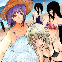 Rule 34 | 5girls, american flag, american flag bikini, american flag print, arm up, beach, bikini, black bikini, black gloves, black hair, blue one-piece swimsuit, braid, braided ponytail, breasts, chainsaw man, cleavage, commentary request, day, dress, earrings, elbow gloves, facial scar, fami (chainsaw man), famine devil (chainsaw man), flag print, flag print bikini, gloves, grey hair, hat, highres, isuke (isuke now), jewelry, long hair, looking at viewer, mole, mole under eye, mole under mouth, multiple girls, navel, nayuta (chainsaw man), ocean, one-piece swimsuit, orange eyes, outdoors, print bikini, purple hair, ringed eyes, sand, scar, scar on cheek, scar on face, scar on nose, selfie, small breasts, straw hat, sundress, sweat, swimsuit, v, war devil (chainsaw man), white dress, yellow eyes, yoru (chainsaw man)
