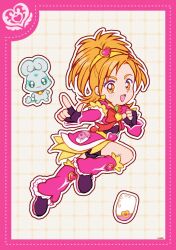 1girl belt belt_bag belt_buckle black_gloves black_shirt black_shoes black_shorts border bow bowtie brooch buckle cellphone clenched_hand commentary cropped_shirt cure_bloom deformed dot_nose dotted_line earrings eyelashes fingerless_gloves flappy_(futari_wa_precure) flip_phone frilled_arm_warmers frilled_leg_warmers frilled_skirt frilled_sleeves frills full_body futari_wa_precure_splash_star gloves gold_earrings grey_background grid_background hair_ornament hairband heart heart-shaped_buckle heart_brooch heart_earrings heart_hair_ornament high_ponytail highres hyuuga_saki jewelry knee_up layered_shirt leg_warmers magical_girl medium_hair miniskirt open_mouth orange_eyes outline phone pink_arm_warmers pink_bag pink_border pink_leg_warmers pink_shirt pink_skirt pointing ponytail precure red_bow red_bowtie shirt shoes short_ponytail short_sleeves shorts shorts_under_skirt signature skirt smile solo tareme two-tone_bag uwded_207 white_bag white_outline yellow_belt yellow_brooch yellow_hairband