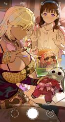 2girls absurdres animal_print belt black_choker blonde_hair blush breasts brown_hair cake candle cardigan choker cleavage closed_mouth dark-skinned_female dark_skin doll fire focus_viewfinder food gyaru headband headphones headphones_around_neck highres holding holding_doll huge_breasts indoors leopard_print long_hair looking_at_viewer mole mole_above_eye mole_on_cheek multiple_girls nail_polish open_hands original parfait park_ongjol purple_eyes rock_fan_gyaru_(park_ongjol) shorts smile table tan viewfinder w white_headband yellow_eyes