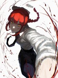 1girl attack black_necktie black_pants blood blood_on_face blood_splatter braid braided_ponytail business_suit chainsaw_man closed_mouth collared_shirt disembodied_hand formal_clothes high-waist_pants highres incoming_attack incoming_punch kota_2kx looking_at_viewer makima_(chainsaw_man) necktie office_lady pants punching red_hair ringed_eyes shirt sidelocks solo suit white_background white_shirt yellow_eyes