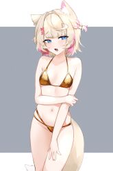 Rule 34 | 1girl, absurdres, animal ear fluff, animal ears, bikini, blonde hair, blue eyes, dog ears, dog girl, dog tail, fang, gold bikini, hair ornament, highres, hololive, hololive english, mococo abyssgard, multicolored hair, navel, open mouth, pink hair, simple background, skin fang, solo, streaked hair, swimsuit, tail, two-tone background, uve, virtual youtuber