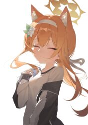1girl absurdres animal_ear_fluff animal_ears blue_archive blush bottle closed_eyes closed_mouth facing_viewer fingernails flower hair_between_eyes hair_flower hair_ornament halo highres holding holding_bottle jacket long_hair long_sleeves mari_(blue_archive) mari_(track)_(blue_archive) official_alternate_costume open_clothes open_jacket orange_hair riok_hh shirt simple_background smile solo track_jacket upper_body white_background white_flower white_shirt