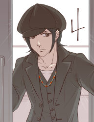 1boy black_hair black_hat black_jacket black_vest buttons countdown grey_eyes hat jacket jewelry male_focus necklace newsboy_cap nitta_isamu open_door shin_megami_tensei shin_megami_tensei_iii:_nocturne shirt short_hair solo sunlight upper_body vest watabashi_yf white_shirt window