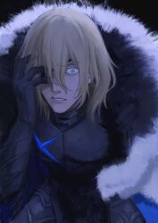 1boy armor black_background black_fur blonde_hair blue_cape blue_eyes breastplate cape commentary cowboy_shot dimitri_alexandre_blaiddyd dimitri_alexandre_blaiddyd_(timeskip) eyepatch fire_emblem fire_emblem:_three_houses fur-trimmed_cape fur_trim gauntlets hair_between_eyes hand_on_own_face hashtag-only_commentary highres male_focus medium_hair nintendo one_eye_covered parted_lips saku2525327 solo teeth white_fur wide-eyed