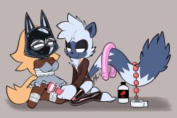 2girls absurdres anal_beads commission dildo femdom highres hood latex latex_legwear lube_bottle multiple_girls no_panties qqlettuce restrained sex_toy sonic_(series) sonic_the_hedgehog_(idw) tangle_the_lemur tape vibrator whisper_the_wolf yuri