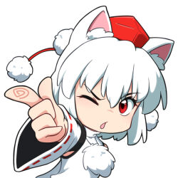 1girl animal_ear_fluff animal_ears commentary commission detached_sleeves english_commentary fingerprint hair_between_eyes hat inubashiri_momiji looking_at_viewer one_eye_closed open_mouth pom_pom_(clothes) rakkidei red_eyes red_hat ribbon-trimmed_sleeves ribbon_trim shirt short_hair simple_background sleeveless sleeveless_shirt solo tokin_hat touhou turtleneck turtleneck_shirt upper_body v-shaped_eyebrows white_background white_hair white_shirt white_sleeves wolf_ears wolf_girl