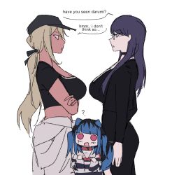 3girls ? amemiya_darumi black_collar black_dress black_hair black_hat blonde_hair blue_hair bow breasts chibi collar crop_top crossed_arms dark-skinned_female dark_skin dress glasses hat heart huge_breasts kawana_tsubasa long_sleeves looking_at_another looking_at_viewer multicolored_hair multiple_girls no_pupils open_mouth pants pink_eyes ponytail profile purple_hair red_bow red_collar shirt shizuhara_hiruko striped_clothes striped_shirt the_hundred_line_-last_defense_academy- twintails white_background white_pants