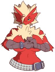 1girl belt blaziken blonde_hair blue_eyes body_fur bracelet breasts candy colored_sclera commission cracking_knuckles creatures_(company) dorianm_bc eating female_focus food furry furry_female game_freak gen_3_pokemon groin hair_over_one_eye hands_up happy jewelry large_breasts lollipop mature_female mouth_hold naked_belt navel neck_fur nintendo nude one_eye_covered open_mouth outline own_hands_together pokemon pokemon_(creature) red_fur short_hair simple_background smile solo spiked_bracelet spikes standing stomach straight-on toned transparent_background two-tone_fur upper_body v-shaped_eyebrows white_outline yellow_fur yellow_sclera