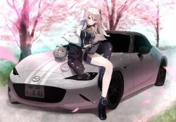 &gt;:) 1girl ahoge animal_ear_piercing animal_ears bare_shoulders black_boots black_jacket black_pantyhose black_shirt boots breasts car cherry_blossoms cleavage closed_mouth commentary crop_top double-parted_bangs eunos_roadster falling_petals full_body fur-trimmed_jacket fur_trim grey_eyes grey_hair grey_skirt hair_between_eyes highres hololive jacket jewelry knee_up lion_ears lion_girl lion_tail long_hair long_sidelocks long_sleeves looking_at_viewer mazda mazda_mx-5 mazda_mx-5_nd medium_breasts messy_hair miniskirt miyabi300 motor_vehicle necklace off_shoulder on_car outdoors panty_straps pantyhose petals see-through_cleavage see-through_clothes shirt shishiro_botan shishiro_botan_(1st_costume) side_slit sidelocks single_leg_pantyhose sitting skin_tight skirt sleeveless sleeveless_shirt sleeves_past_fingers sleeves_past_wrists solo ssrb_(shishiro_botan) symbol-only_commentary tail torn_clothes torn_pantyhose two_side_up v-shaped_eyebrows virtual_youtuber zipper_skirt