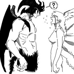 Rule 34 | 1boy, 1futa, ?, breasts, cowboy shot, devilman, devilman (character), futanari, height difference, highres, medium breasts, nipples, nude, penis, profile, satan (devilman), spoken question mark, white background, whxqxqaaa!