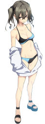 10mo 1girl bikini black_sandals black_scrunchie blue_bikini breasts brown_eyes brown_hair cleavage clothes_pull commentary frown full_body hair_ornament hair_scrunchie highres idolmaster idolmaster_cinderella_girls jacket jacket_pull looking_at_viewer medium_breasts medium_hair mole mole_under_eye navel open_clothes open_jacket parted_lips sandals scrunchie sharp_teeth simple_background solo standing sunazuka_akira swimsuit teeth tomita_miyu twintails white_background white_jacket