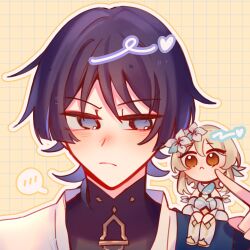 1boy 1girl :&lt; alphastroo black_bodysuit blonde_hair blue_cape blue_flower blue_trim blunt_ends blush bodysuit bright_pupils brown_eyes cape cheek_poking closed_mouth detached_sleeves dress flower genshin_impact hair_between_eyes hair_flower hair_ornament heart highres japanese_clothes kimono looking_at_another lumine_(genshin_impact) mandarin_collar mini_person minigirl multicolored_flower outline poking portrait purple_eyes purple_hair scaramouche_(genshin_impact) scarf short_hair short_hair_with_long_locks sidelocks sideways_glance sitting_on_shoulder speech_bubble spoken_blush thighhighs wanderer_(genshin_impact) white_dress white_flower white_kimono white_outline white_pupils white_scarf white_sleeves white_thighhighs wispy_bangs