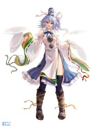 1girl absurdres black_thighhighs blue_hat blue_skirt boots breasts brown_boots commentary detached_sleeves edz_drawz english_commentary frilled_skirt frills full_body grey_hair hat high_ponytail highres japanese_clothes kariginu long_hair looking_at_viewer medium_breasts mononobe_no_futo open_mouth plate pom_pom_(clothes) ponytail revision ribbon-trimmed_sleeves ribbon_trim simple_background skirt smile solo tate_eboshi thighhighs touhou transparent_background white_sleeves