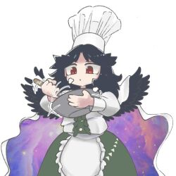 1girl bird_wings black_wings chef_hat cooking green_skirt hat long_sleeves looking_at_viewer red_eyes reiuji_utsuho rn_(sbr2933090) shirt simple_background skirt solo starry_sky_print touhou triangle_print white_background white_shirt wings