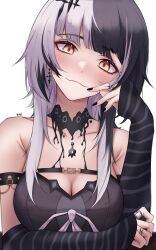 1girl absurdres armpit_crease black_arm_warmers black_choker black_hair black_nails breasts choker closed_mouth commentary earrings grey_hair highres hololive hololive_english jewelry large_breasts looking_at_viewer multicolored_hair ring shiori_novella shiori_novella_(1st_costume) simple_background solo split-color_hair striped_arm_warmers two-tone_hair virtual_youtuber white_background yellow_eyes yuki_(yuk1_94)