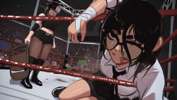 absurdres black-framed_eyewear broken_glasses chair colored_bangs e-girl glasses goth_fashion highres idontknowhowtotag mika_(veyonis) pleasetagme rosen_(veyonis) tagme thighhighs thighs veyonis wrestling wrestling_ring yuri