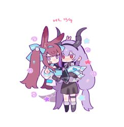 2girls arknights carrying carrying_person chibi chibi_only full_body hand_up hl_(iamawhitehippo) long_hair looking_at_viewer multiple_girls purple_eyes ray_(arknights) ray_(dreaming_high)_(arknights) typhon_(arknights) typhon_(temperature_difference)_(arknights) v