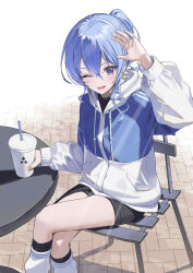 Rule 34 | 1girl, ;d, asymmetrical sidelocks, black shorts, blue eyes, blue hair, crossed legs, cup, day, disposable cup, double-parted bangs, earrings, hand up, hashtag-only commentary, highres, holding, holding cup, hololive, hood, hooded jacket, hoshimachi suisei, hoshimachi suisei (11th costume), jacket, jewelry, kitada mo, leg warmers, looking at viewer, multicolored jacket, nail polish, official alternate costume, official alternate hairstyle, one eye closed, open mouth, orange nails, outdoors, ponytail, short hair, short shorts, shorts, sidelocks, sitting, smile, solo, star (symbol), star earrings, star in eye, symbol in eye, two-tone jacket, virtual youtuber, white leg warmers