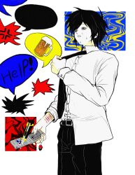 Rule 34 | 1boy, alcohol, beer, black eyes, black hair, black necktie, boxcutter, cellphone, character charm, charm (object), commentary request, cowboy shot, cuts, english text, flip phone, highres, holding, holding phone, injury, looking to the side, male focus, necktie, phone, randal&#039;s friends, randal ivory, self-harm, shirt, short hair, tsukada satoru, undone necktie, uri ka55, white background, white shirt