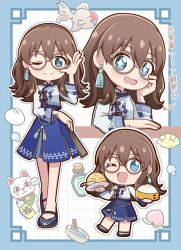 1girl adjusting_eyewear bamboo_steamer bespectacled blue_border blue_eyes blue_skirt blush border bottle breasts brown_hair chinese_clothes chinese_spoon closed_mouth deformed dumpling earrings elbow_on_table fish folded_fan folding_fan food fried_rice fruit full_body glasses goldfish grid_background hand_fan head_rest highres holding holding_fan holding_plate idolmaster idolmaster_million_live! idolmaster_million_live!_theater_days jacket jewelry jiaozi long_hair long_sleeves looking_at_viewer maharagi_375p maneki-neko medium_breasts mortar_(bowl) multiple_views official_alternate_hairstyle one_eye_closed open_mouth outline peach plate round_eyewear satake_minako shoes sidelocks sitting skirt smile standing star_(symbol) star_in_eye steamed_bun symbol_in_eye tassel tassel_earrings white_background white_jacket white_outline