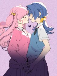 Rule 34 | 2girls, blue hair, blue sweater vest, bow, closed eyes, collared shirt, from side, grin, hair bow, hair intakes, hair ornament, hair scrunchie, hairclip, heart, highres, hikaru (maimaimaigoen), holding hands, maimaimaigoen, maria (maimaimaigoen), multiple girls, pink hair, pink sweater, pleated skirt, profile, school uniform, scrunchie, shirt, shishima eichi, short sleeves, skirt, smile, sweater, sweater vest, two side up, white shirt, yellow bow, yellow scrunchie, yuri