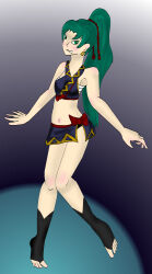 Rule 34 | 1girl, absurdres, angry, armpits, arms at sides, bare arms, blush, bra, breasts, clenched hand, collarbone, earrings, embarrassed, feet, feet up, female focus, fire emblem, fire emblem warriors, full body, gameplay mechanics, gradient background, green hair, hair ornament, high ponytail, highres, intelligent systems, jewelry, knees together feet apart, legs, loincloth, long hair, looking at viewer, lyn (fire emblem), matching underwear, medium breasts, midriff, navel, neck, nintendo, official alternate costume, official underwear, parted bangs, parted lips, ponytail, sarashi, socks, sports bra, standing, standing on one leg, thighs, toeless footwear, toes, underwear, v-shaped eyebrows