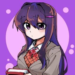 blush book breasts doki_doki_literature_club hair_between_eyes hair_intakes hair_ornament hairclip holding holding_book large_breasts long_hair purple_eyes purple_hair red_ribbon ribbon school_uniform ting_mong yuri_(doki_doki_literature_club)
