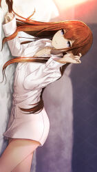 1girl adjusting_hair archived_source bed_sheet blue_eyes breasts brown_hair buttons cleavage closed_mouth collared_shirt cowboy_shot game_cg hair_between_eyes highres huke long_hair long_sleeves looking_at_viewer lying makise_kurisu no_pants official_art on_stomach shirt sideways small_breasts smile solo steins;gate straight_hair third-party_source white_shirt