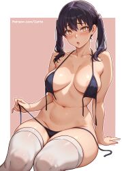 1girl absurdres areola_slip arm_support bikini black_bikini black_hair blush border breasts brown_background cetta_(cettadvd) collarbone commentary en&#039;en_no_shouboutai hair_between_eyes highres invisible_chair large_breasts long_hair looking_at_viewer navel open_bikini open_clothes open_mouth outline outside_border sitting skindentation solo stomach swimsuit tamaki_kotatsu thick_thighs thighhighs thighs twintails untied_bikini untied_bikini_bottom untied_bikini_top watermark web_address white_border white_outline white_thighhighs yellow_eyes