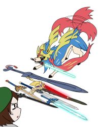 (tat) 1girl afterimage annotated beret black_eyes brown_hair closed_eyes closed_mouth dragon_quest ea_(fate) elucidator erdrick&#039;s_sword excalibur_(fate/stay_night) fate/stay_night fate_(series) female_focus full_body gen_8_pokemon gloria_(pokemon) green_headwear happy hat highres jpeg_artifacts kamen_rider kamen_rider_black_rx_(series) kusanagi_no_tsurugi legendary_pokemon looking_at_another master_sword motion_lines mouth_hold nintendo ookami_(game) open_mouth pokemon pokemon_(creature) pokemon_swsh revolcane sharp_teeth short_hair simple_background smile solo_focus sweat sword sword_art_online tail tail_wagging teeth the_legend_of_zelda top-down_bottom-up weapon white_background zacian zacian_(crowned)