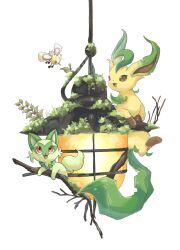 Rule 34 | animal focus, branch, brown eyes, cutiefly, fern, gen 4 pokemon, gen 7 pokemon, hanging light, highres, lamp, leaf, leafeon, looking at another, moss, nintendo, no humans, open mouth, pawpads, pokemon, pokemon (creature), red eyes, simple background, sprigatito, volpecorvo, white background
