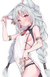 1girl animal_ears armlet armpit_crease ass bare_shoulders black_panties braid breasts bridal_gauntlets china_dress chinese_clothes closed_mouth commentary_request commission covered_navel dress eip_(pepai) embarrassed fox_ears from_side gloves hair_bun hair_intakes halterneck headpiece highres jewelry ladder_cutout long_hair looking_at_viewer medium_breasts original paid_reward_available panties sideboob sideless_outfit simple_background single_side_bun skeb_commission solo standing tabard thighs twin_braids underwear very_long_hair wavy_mouth white_background white_gloves white_hair white_tabard yellow_eyes