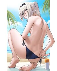 1girl absurdres alternate_costume an-94_(girls&#039;_frontline) aqua_eyes ass back bare_back barefoot beach bikini bikini_bottom_only black_bikini black_hairband blonde_hair blue_sky butt_crack closed_mouth cloud cloudy_sky commentary emile_aoi english_commentary feet from_behind girls&#039;_frontline hairband highres looking_at_viewer looking_back ocean on_one_knee outdoors ponytail sand side-tie_bikini_bottom sidelocks sky soles solo swimsuit toenails toes topless_female vegetation