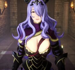 Rule 34 | 1girl, 3d, animated, areola slip, armor, between breasts, breasts, camilla (fire emblem), castle interior, cleavage, cutscene, dress, fire emblem, gloves, hair over one eye, hands on another&#039;s cheeks, hands on another&#039;s face, indoors, interior, large breasts, nintendo, nodusfm, pov, pov focus, purple hair, solo, strap between breasts, tagme, video, video game screencap