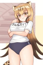 absurdres animal_ears animal_print black_hair blonde_hair blue_buruma blush breasts brown_hair buruma cheetah_(kemono_friends) cheetah_girl extra_ears gym_shirt gym_uniform highres kemono_friends large_breasts leopard_print long_hair looking_at_viewer multicolored_hair name_tag shiraha_maru shirt smile tail translated white_shirt yellow_eyes