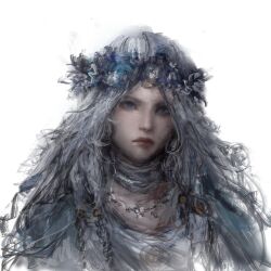 1girl absurdres all_lee24 blue_eyes braid cropped_shoulders dress elden_ring elden_ring_nightreign flower_wreath highres long_hair looking_at_viewer low_twin_braids parted_bangs portrait revenant_(elden_ring) solo twin_braids veil white_background white_dress white_hair white_veil