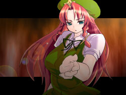 Rule 34 | 1girl, beret, braid, breasts, collared shirt, commentary request, green eyes, green hat, green ribbon, green vest, hat, hat ornament, hong meiling, large breasts, letterboxed, long hair, looking at viewer, mori shin risuku, neck ribbon, open mouth, orange background, outside border, parted bangs, red hair, ribbon, shirt, short sleeves, solo, star (symbol), star hat ornament, touhou, twin braids, upper body, vest, white shirt