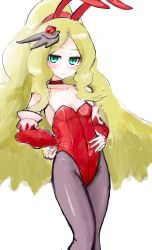 1girl absurdres adapted_costume animal_ears blonde_hair blush breasts caitlin_(fall_2021)_(pokemon) caitlin_(pokemon) choker closed_mouth collarbone commentary_request covered_navel detached_sleeves green_eyes grey_pantyhose hairband haloh hands_on_own_hips highres leotard long_hair looking_at_viewer nintendo pantyhose parted_bangs pokemon pokemon_masters_ex rabbit_ears red_choker red_hairband red_leotard sidelocks simple_background solo white_background