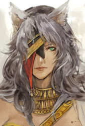1girl animal_ears eyepatch female_focus fire_emblem fire_emblem:_radiant_dawn green_eyes laguz_(race) lips long_hair nailah_(fire_emblem) nintendo opiu queen silver_hair sketch solo wolf_ears