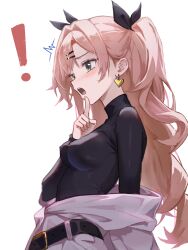 ! 1girl alternate_costume belt black_belt black_ribbon black_sweater blush breasts commentary covered_erect_nipples danraz0r earrings green_eyes hair_ornament hair_ribbon hairclip heart heart_earrings highres jacket jewelry large_breasts long_hair long_sleeves looking_to_the_side nicole_demara open_mouth pink_hair pink_jacket ribbon simple_background solo sweater unworn_jacket upper_body white_background zenless_zone_zero