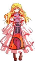 Rule 34 | 1girl, alphes (style), blonde hair, blush, boots, bow, breasts, brown boots, closed eyes, closed mouth, commentary request, crying, dairi, dress, flame print, full body, hair bow, large variant set, long hair, long sleeves, medium breasts, multiple hair bows, parody, purple tabard, red bow, sad, sleeves past wrists, solo, style parody, tabard, tachi-e, touhou, transparent background, variant set, white dress, white sleeves, wide sleeves, yakumo yukari, yin yang