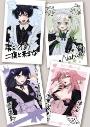 1boy 3girls absurdres alternate_costume animal_ears animalization apron aranara_(genshin_impact) asymmetrical_sidelocks black_choker black_dress black_hair black_kimono black_shirt black_sleeves blunt_bangs blunt_ends blush bow breasts cat_hair_ornament character_name choker cleavage collar collarbone collared_shirt colored_eyelashes colored_tips contemporary cross-shaped_pupils crossdressing crown curled_fingers detached_collar double-parted_bangs dress ear_ornament enmaided eyelashes fangs fingernails fox_ears frilled_apron frilled_choker frilled_headwear frills gem genshin_impact green_eyes green_hair green_nails green_pupils green_ribbon grey_apron grey_eyes hair_between_eyes hair_ornament hairclip hand_up heart heart_hair_ornament highres japanese_clothes juliet_sleeves kimono light_blush long_hair long_sleeves looking_at_viewer maid maid_apron maid_headdress male_maid multicolored_hair multiple_girls nahida_(genshin_impact) name_tag no6_gnsn one_side_up open_hand open_mouth person_and_animalization photo_(object) pink_apron pink_collar pink_hair pink_nails pointy_ears puffy_sleeves purple_bow purple_eyes purple_gemstone purple_hair purple_nails raiden_shogun red_lips ribbon scaramouche_(cat)_(genshin_impact) scaramouche_(genshin_impact) sharp_fingernails shirt side_ponytail sidelocks signature single_sidelock star_(symbol) swept_bangs symbol-shaped_pupils tareme teeth tongue tongue_out translation_request tsurime upper_teeth_only v wa_maid waist_apron white_apron white_hair white_headdress wispy_bangs yae_miko yae_miko_(fox)